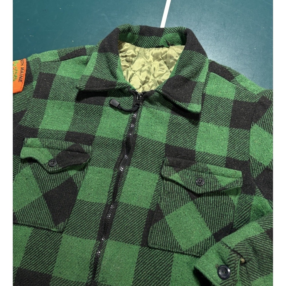 Vtg 70s Woolrich Mackinaw Jacket Green Buffalo Plaid North Maine Woods Patch L - Picture 2 of 16